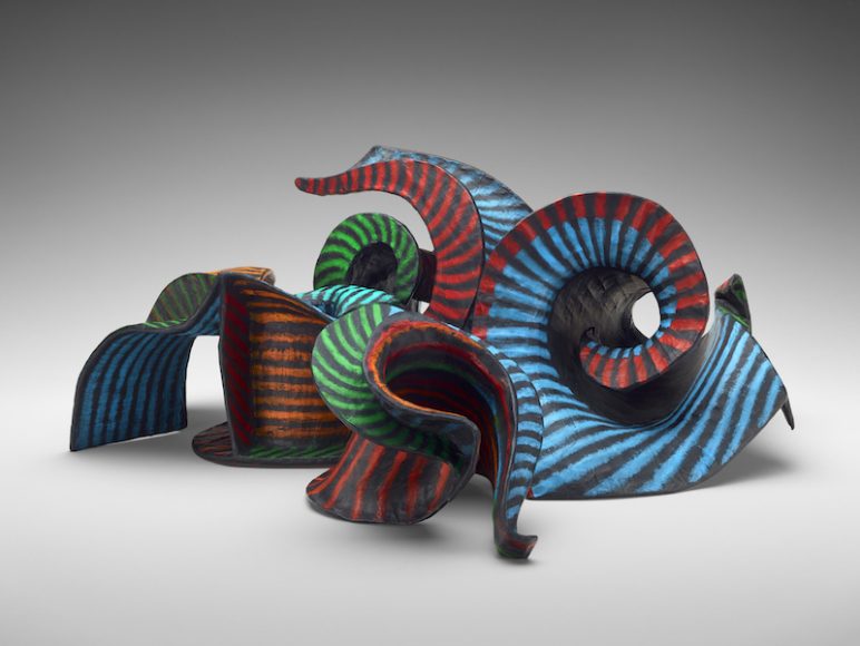 Marjorie Schick. “Feasting Armlets,” 1991, Papier mâché and paint, 8.50 x 6.00 x 6.50, 6.13 x 16.25 x 9.13, 6.63 x 11.75 x 8.63, and 13.00 x 11.00 x 8.88 inches. The Museum of Fine Arts, Houston, Gift of Dr. James B. M. Schick and Robert M. Schick, in honor of the Helen Williams Drutt Collection, courtesy Helen Drutt, Philadelphia, Pennsylvania. 2016.200.1-.4. © Marjorie Schick and James B. M. Schick Ph.D. Courtesy Katonah Museum of Art.