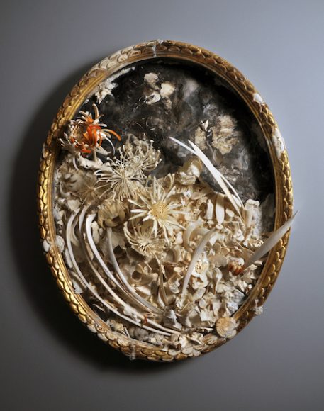 Jennifer Trask, “Encroachment,” 2013, Wood, gold leaf, gesso, found objects (18th-century frame fragments), bone, antler, calcium carbonate, druzy quartz, teeth, resin, mica, 32.00 x 24.00 x 7.00 inches. Courtesy of Gallery Loupe. © Jennifer Trask. Courtesy Katonah Museum of Art.
