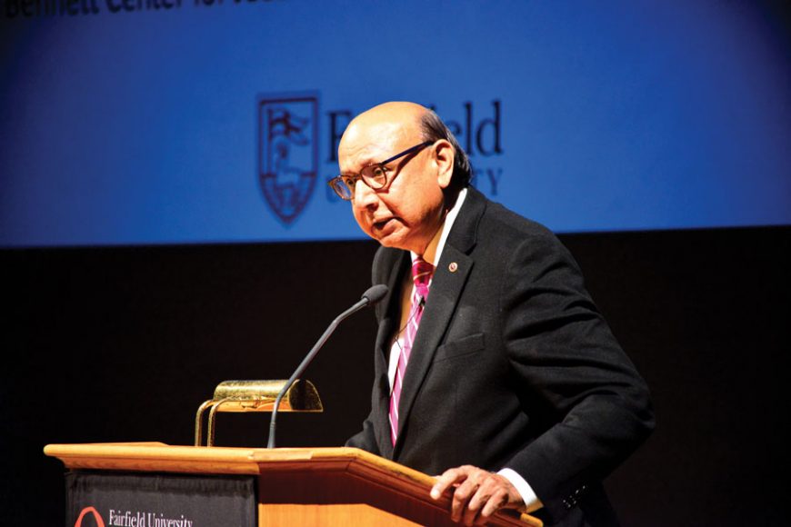 Khizr Khan speaking at Fairfield University. 
Photograph courtesy Fairfield University.