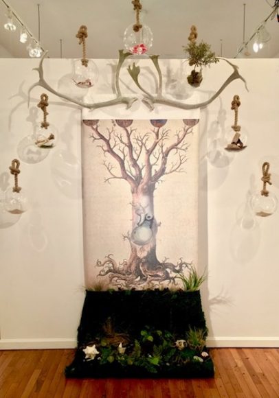 Elizabeth Arnold, “Alchemy.” Installation: glass, ash, bark, wood, bone, flower, compost. Courtesy BAU Gallery.