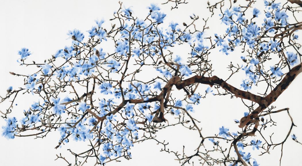 Jackie Battenfield, “Overture,” 2018, acrylic on mylar mounted on acrylic panel, 40 x 72 inches (unframed), 41.25 x 73.25 inches (framed). Photograph by Kevin Noble. Courtesy Kenise Barnes Fine Art.