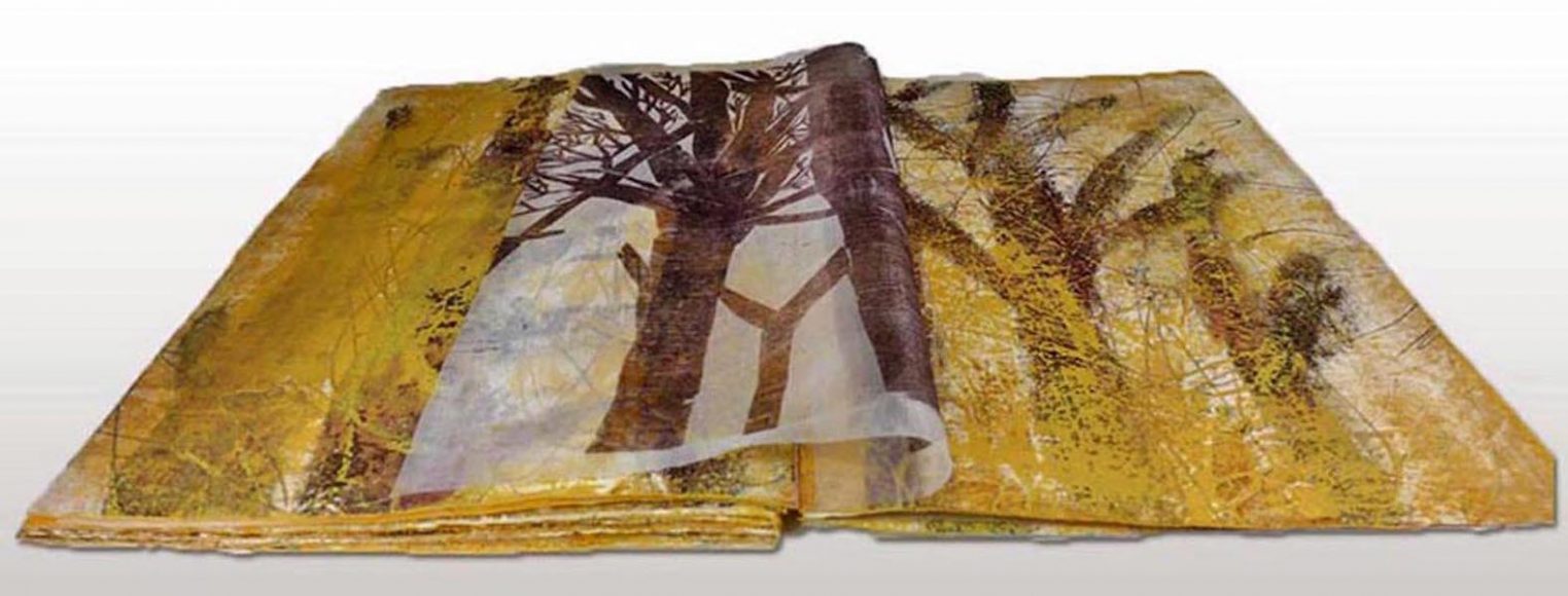 Ilse Schreiber-Noll, “Bäume sind Heiligtümer/Trees are Sanctuaries.” Unique artist book, mixed media on linen and woodcuts on organza, with excerpts from text by Hermann Hesse. Courtesy BAU Gallery.