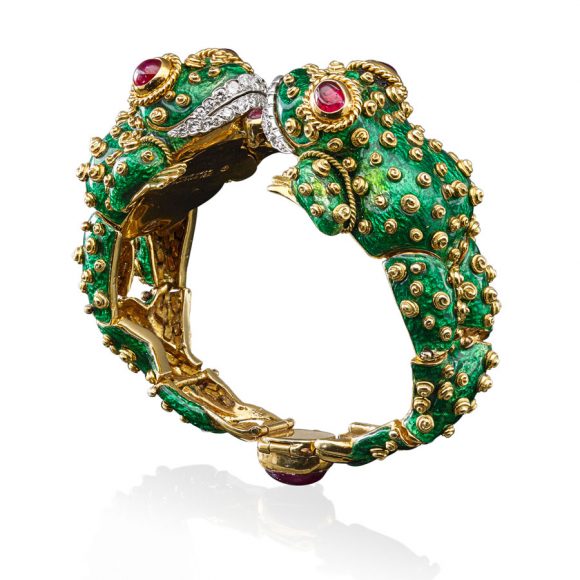 Enameled gold, diamond and ruby frog bracelet, sold for $37,500 (estimate $18,000-24,000). Courtesy Rago Arts and Auction.