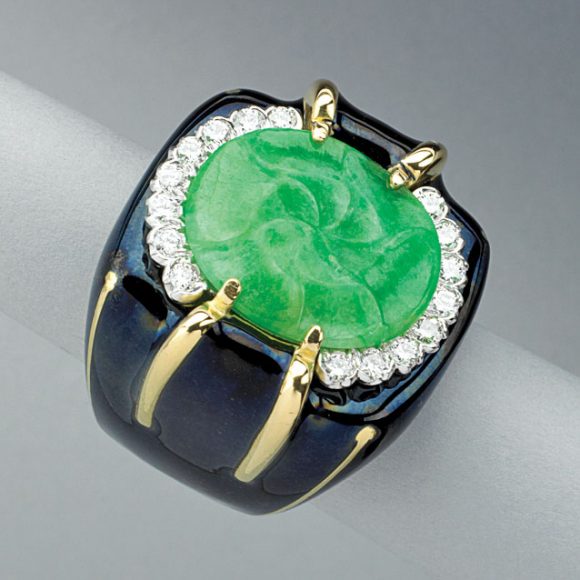 Jade, diamond, enameled gold and platinum ring, sold for $8,680 (estimate $3,800-5,800). Courtesy Rago Arts and Auction.