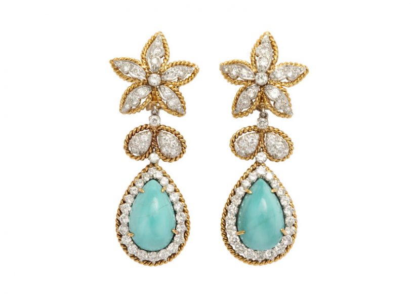 Turquoise, diamond and gold earrings, available at dkf.com. Courtesy DK Farnum.
