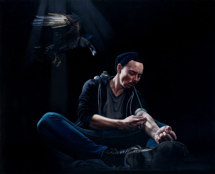 Having lost close friends to addiction, Ritell created the painting titled, “The Burial,” as a healing and awareness piece. Blunt and metaphorical, “The Burial,” thrusts an image of mainline drug abuse in your face in order to create feelings of disgust, tension, fear, and perhaps encourage a dialogue around the subject that plagues many towns across the country. Courtesy Russ Ritell.