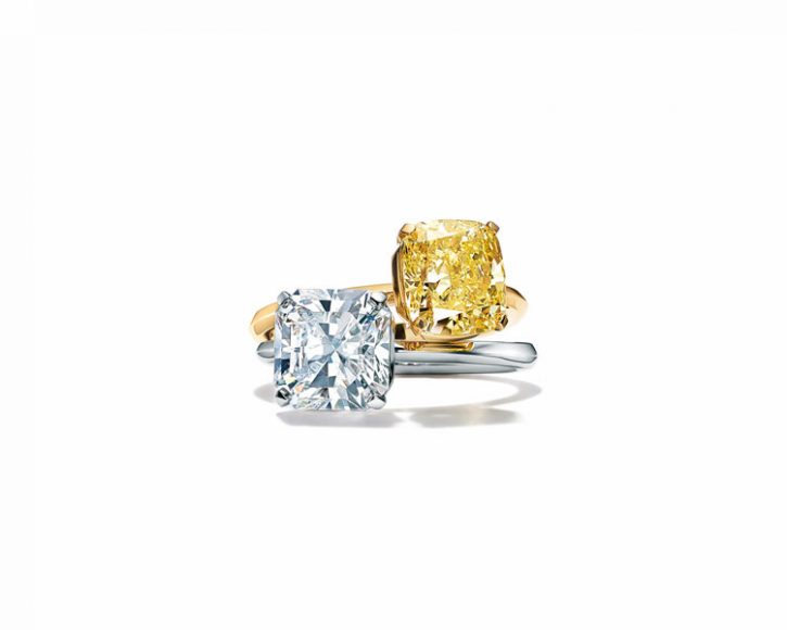 Tiffany True engagement rings in platinum with a white diamond and 18-karat gold with a fancy yellow diamond. Courtesy Tiffany & Co.