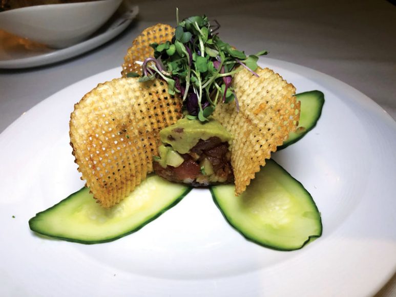 Tuna tartare served with slivers of cucumbers and crunchy waffle chips. Photographs by Aleesia Forni.