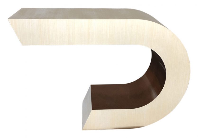 This Mecox Gardens cantilevered “C” custom grasscloth console looks like a beautiful piece of abstract art. $2,340.