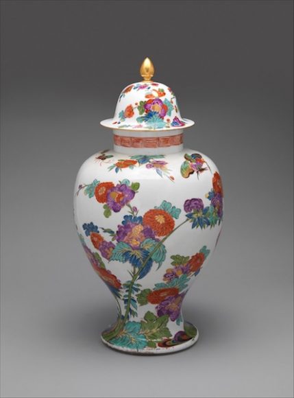 Vase with cover, Meissen manufactory, Germany, ca. 1725-30, hard-paste porcelain, H 22 ½”. The Metropolitan Museum of Art, Gift of R. Thornton Wilson, in memory of Florence Ellsworth Wilson, 1950. Accession Number 50.211.240a,b. Courtesy Connecticut Ceramics Study Circle.