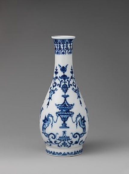 Bottle with arabesque designs (one of a pair), Saint-Cloud factory, France, ca. 1695-1700, soft-paste porcelain. The Metropolitan Museum of Art, Gift of J. Pierpont Morgan, 1917. Accession Number 17.190.1914. Courtesy Connecticut Ceramics Study Circle.