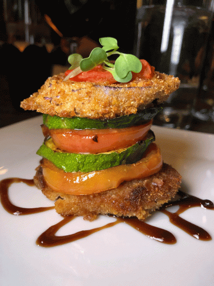 Fried eggplant, zucchini and tomato.