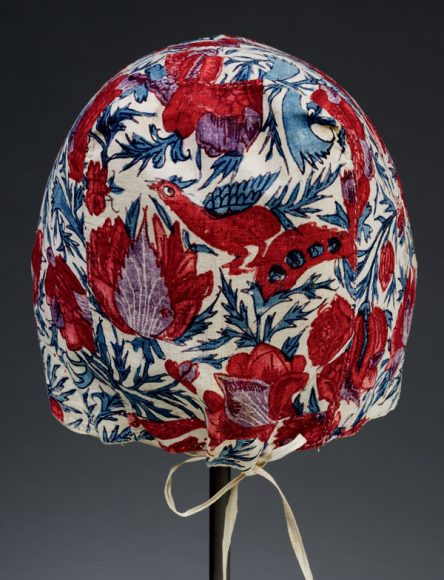 Gonda woman’s cap, Southeast India for the Dutch market, 1720-60, hand-drawn mordant and resist-dyed cotton
