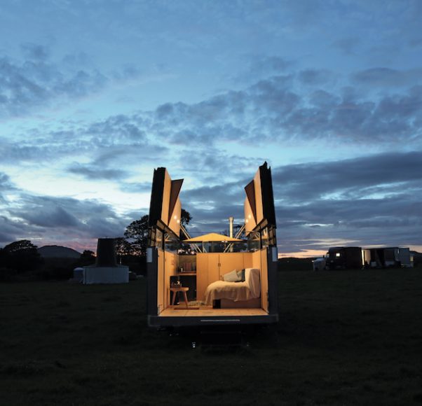 Waind Gohil + Potter Architects: SkyHut, various locations, Wales, UK. In the evening the opening roof turns the house into an observatory, framing a picture of the night sky. Photograph © 2019 Anthony Coleman. Courtesy Thames & Hudson.