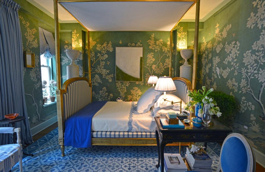 Inspired by “Sleeping Beauty,” Mark D. Sikes Interiors created this “boudoir fit for a princess,” complete with a custom hand-painted Gracie scene, for last year’s edition of the Kips Bay Decorator Show House in Manhattan. Photograph by Bob Rozycki.