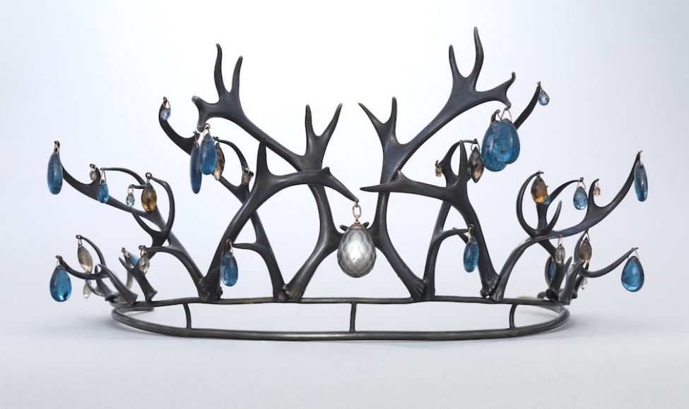 Gabriella Kiss. “Antler Tiara,” 2014. Oxidized bronze with a faceted Tahitian pearl, kyanite, smoky quartz & champagne diamonds. Courtesy of the artist. Photograph by Bruce White. Image courtesy Bard Graduate Center Gallery.