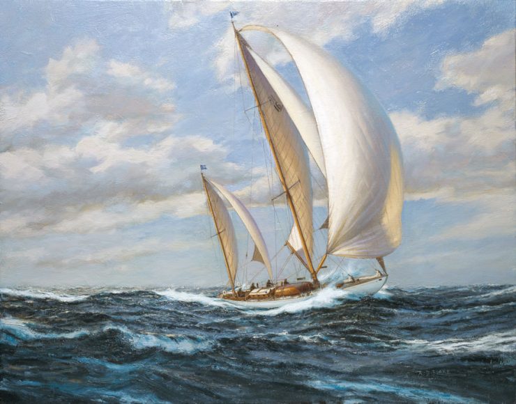 A.D. Blake, “Dorade, Winning the 1931 Transatlantic Race,” Oil on Canvas. 24’’ x 30.’’ Courtesy J. Russell Jinishian Gallery.