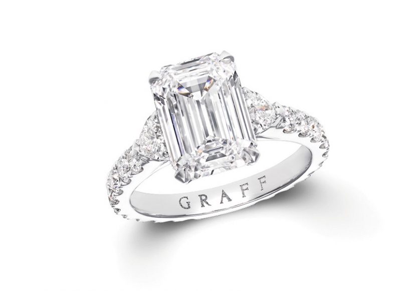 13.57 Carat D Flawless Emerald Shaped Diamond Ring cut from the Lesedi La Rona Diamond. Photographs courtesy Graff.