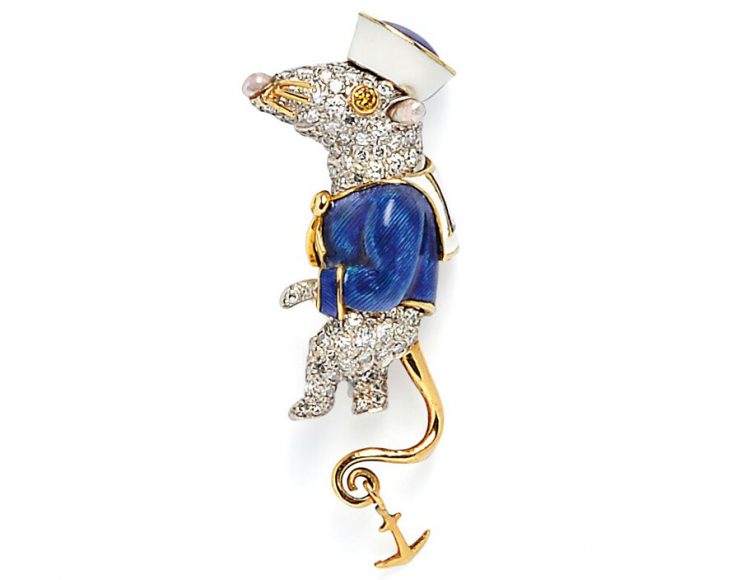 An enamel and diamond Stuart Little Sailor Mouse Brooch by Donald Claflin, Tiffany & Co., sold at Skinner Inc. for $25,830.
