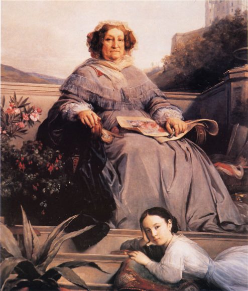 Portrait of Madame Clicquot, left, and her great-granddaughter Anne de Mortemart-Rochechouart, future Duchesse d'Uzès, with the Château de Boursault in the background (1860-62). Collection of Château de Brissac.