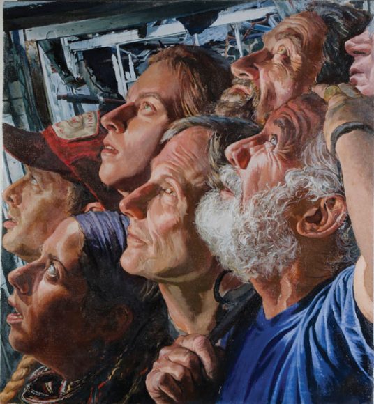 In Nathan Lewis' “War Bells” (2011, oil on canvas), seven people looking skyward crowd the canvas. It appears they’re standing outside of a dilapidated building. Each gaze is intent. There’s a tinge of fatalism or maybe it’s rapture? Courtesy Nathan Lewis.