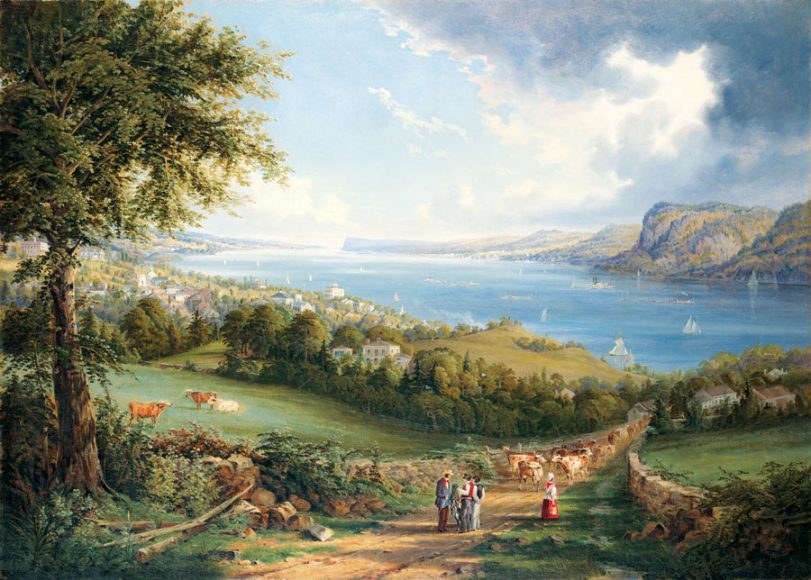 Robert Havell Jr. (1793–1878), “View of Hudson River from near Sing Sing, New York,” ca. 1850. Oil on canvas. New-York Historical Society, Purchase, Watson Fund, 1971.14 Robert Havell Jr.’s view from Sing Sing shows a landscape crafted by human hands for human use. Nineteenth-century Americans called such development, “improvement.” Havell’s southward-facing scene does not show the Sing Sing quarry, where prisoners excavated stone for Grace Church in Manhattan and other prominent buildings.