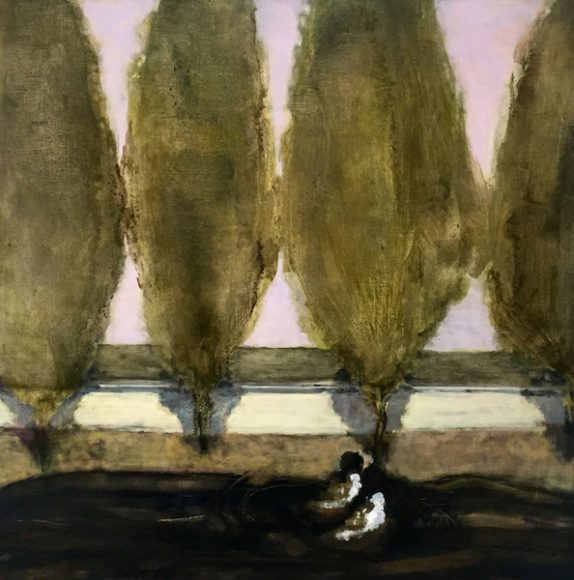 David Konigsberg, “Tooling,” 2019, oil on panel, 42 x 42 inches, $8500. Courtesy Kenise Barnes Fine Art.