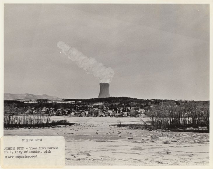 A superimposed drawing of the proposed Greene County Nuclear Power Plant, Athens site, as seen from Parade Hill, city of Hudson. Courtesy of Harvey Flad.