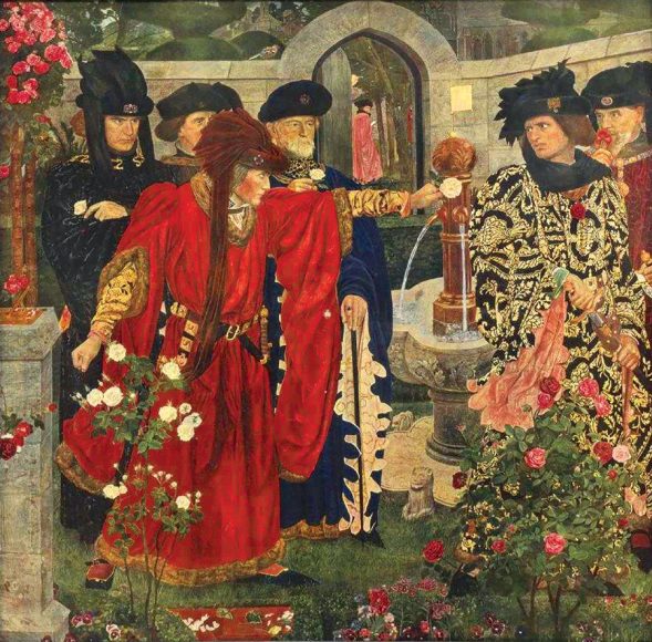 A framed print of  "Plucking the Red and White Roses in the Old Temple Gardens" after a 1910 fresco painting by Henry Albert Payne, based upon a scene in William Shakespeare's “Henry VI.”