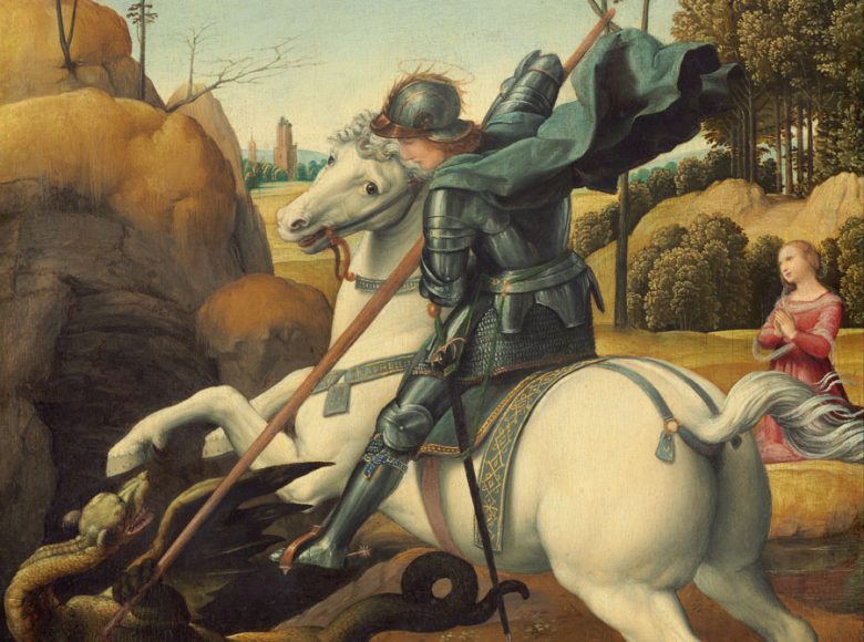 My patron saint, George, slays a dragon and saves a distressed damsel in Raphael’s “St. George and the Dragon” (circa 1506), oil on panel. National Gallery of Art, Washington D.C.