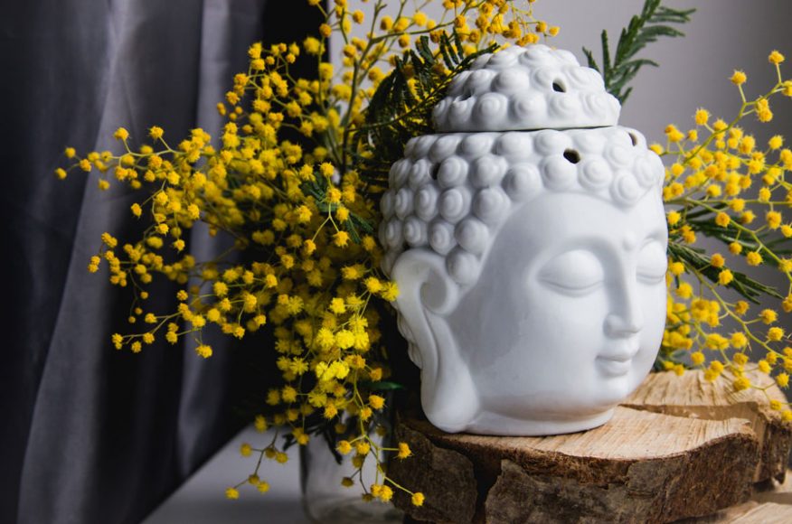 Mimosa yellow spring flowers surround a Buddha, a scene designed to encourage reflection.