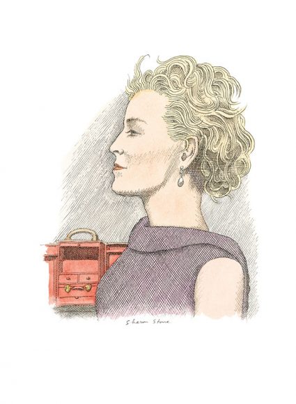 Sharon Stone by Pierre Le-Tan. © 2018 Pierre Le-Tan / Louis Vuitton Malletier. Sharon Stone. Good Instinct. It’s a ritual. For more than two decades she has mounted the podium, year in, year out, for the AIDS research fundraiser she chairs, delighted to auction articles she has designed. © 2018 Bertil Scali / Louis Vuitton Malletier.