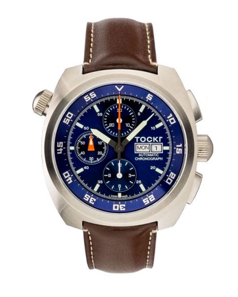 Tockr’s Air Defender watch with a sapphire blue face and classic leather band.