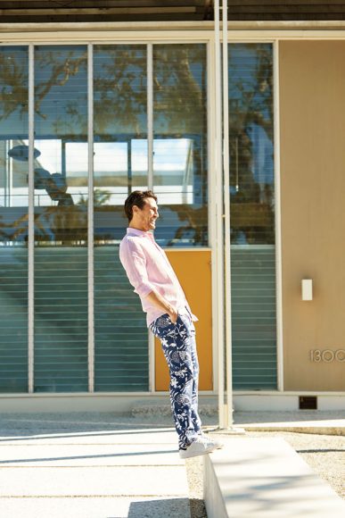 Architect Paul Rudolph’s Umbrella House (1953) located on Lido Shores in Sarasota, Florida, provides a modern backdrop for a signature spring look for men, including the Gramercy Linen shirt and Lukas pants. Photograph courtesy J. McLaughlin.