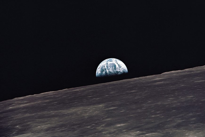 Earthrise viewed from lunar orbit prior to landing. Courtesy NASA.