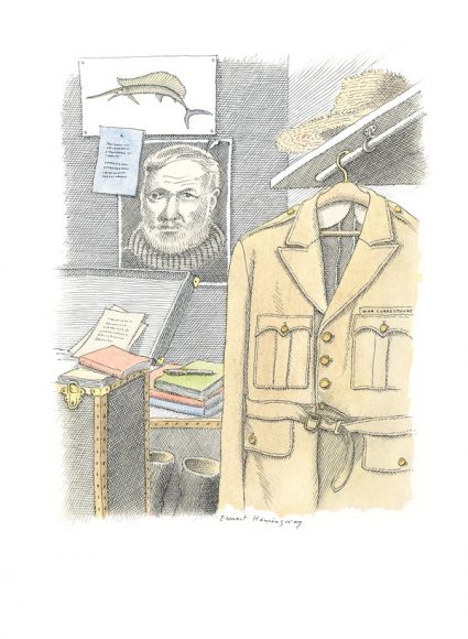 Ernest Hemingway by Pierre Le-Tan. © 2018 Pierre Le-Tan / Louis Vuitton Malletier. Ernest Hemingway. Collector of lost luggage. He was big on trunks. He had dozens of them and, over the course of his life, often described their contents in detail. In World War I, the inventory included an overcoat and raincoat, “soft buckskin driving gloves,” “Cordova leather aviators puttees,” and plenty of other garments. In 1920s Paris it was his manuscripts, which he often misplaced – and sometimes managed to find later, such as that of A Moveable Feast, which slumbered for twenty-six years in a trunk he’d forgotten at the Ritz. © 2018 Bertil Scali / Louis Vuitton Malletier.