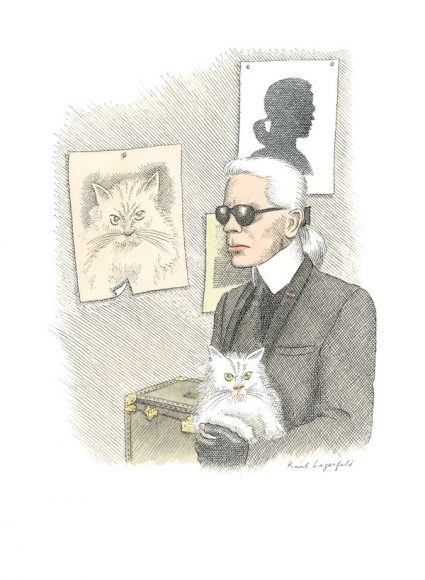 Karl Lagerfeld by Pierre Le-Tan. © 2018 Pierre Le-Tan / Louis Vuitton Malletier. Karl Lagerfeld. King of the Road. He traveled accompanied by some twenty suitcases full of his clothes – in duplicate or triplicate – together with garments and accessories he planned to photograph, try on, or simply offer as gifts. He clutched a small black bag holding a cushion that he had since childhood, embroidered with a locomotive. © 2018 Bertil Scali / Louis Vuitton Malletier.