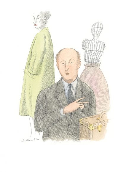 Christian Dior by Pierre Le-Tan. © 2018 Pierre Le-Tan / Louis Vuitton Malletier. Christian Dior. The reluctant traveler. As a child he almost never traveled except in a car, cocooned in a smock, his face veiled with gauze. He far preferred to stay at home, but a fortune- teller once told him, ‘You will often cross the sea.’ In 1947, he founded the Christian Dior company and, indeed, for ten years he criss-crossed the world, accompanied by two wardrobe trunks soberly monogrammed ‘C.D.’. © 2018 Bertil Scali / Louis Vuitton Malletier.