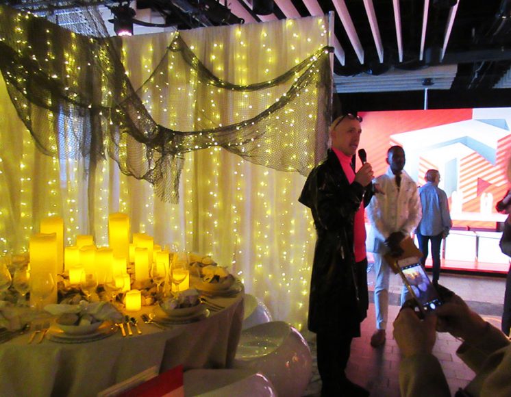 Interior designer Robert Verdi, in pink and pictured with jewelry designer McKenzie Liautaud, talks about the pair’s DIFFA Dining by Design room inspired by the beauty of pearls. Photograph by Mary Shustack.