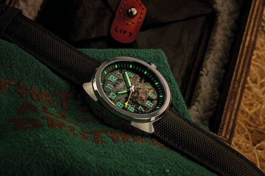 The D-Day watch is made of salvaged parts from a World War II's C-47 transport plane and comes in three different degrees of weathering – “Clean Cut,” “Stamped,” and “Hard Worn.” Photograph courtesy Tockr.