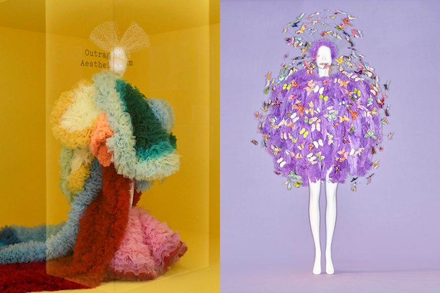 Left: Outrageous Aestheticis. Image courtesy The Metropolitan Museum of Art, BFA.com/Zach Hilty.
Right: Clockwise from top left;
Ensemble, Jeremy Scott (American, born 1975) for House of Moschino (Italian, founded 1983), spring/summer 2018; Courtesy Moschino. Image courtesy The Metropolitan Museum of Art, Photo © Johnny Dufort, 2019