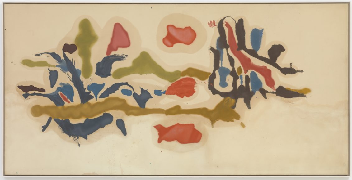 Helen Frankenthaler (1928-2011). "Seascape with Dunes," 1962. Oil on canvas, 70 x 140 in. (177.8 x 355.6 cm).Grey Art Gallery. New York University Art Collection. Gift of the artist, 1963.2 . ©Helen Frankenthaler Foundation/Artists Rights Society (ARS).