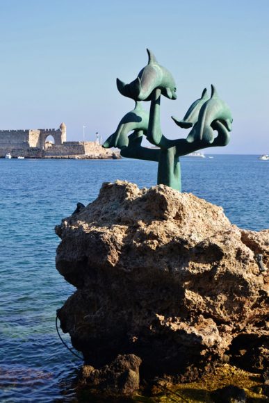Sculpted dolphins are poised to take the plunge off the island of Rhodes.