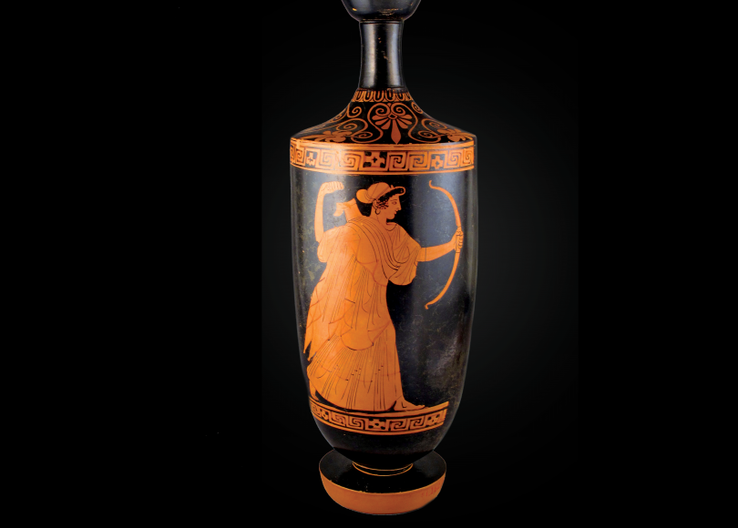 Lekythos, ca. 460–450 B.C. Attributed to the Carlsruhe Painter. Artemis with bow and quiver (detail). Terracotta; red-figure. Diameter: 4 3/8 × 2 5/16 × 3 1/8 in. (11 × 5.9 × 7.9 cm); Height: 12 3/4 in. (32.4 cm). Rogers Fund, 1941. Accession Number: 41.162.140. Courtesy The Metropolitan Museum of Art.