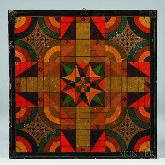 Polychrome paint-decorated double-sided game board, late-19th century American. 
Sold at Skinner Inc. for $10,455.