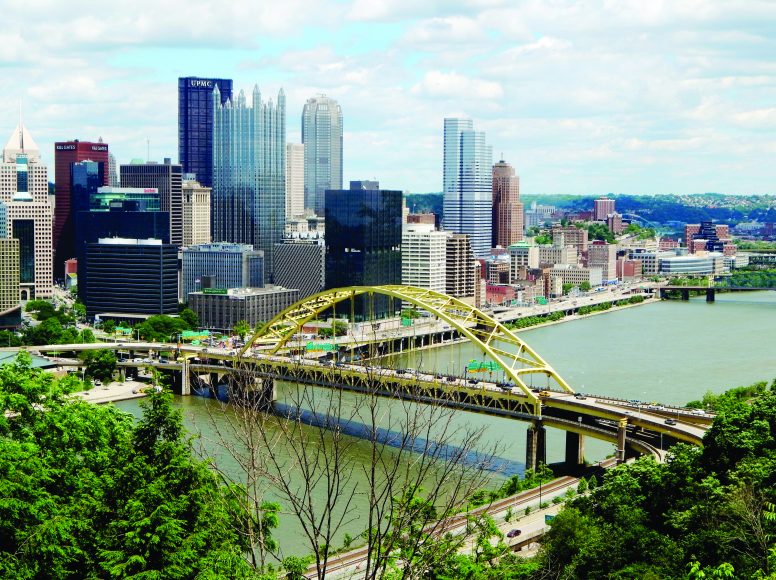 The Pittsburgh skyline from the North Shore at morning. Photograph by Tim Tierney.