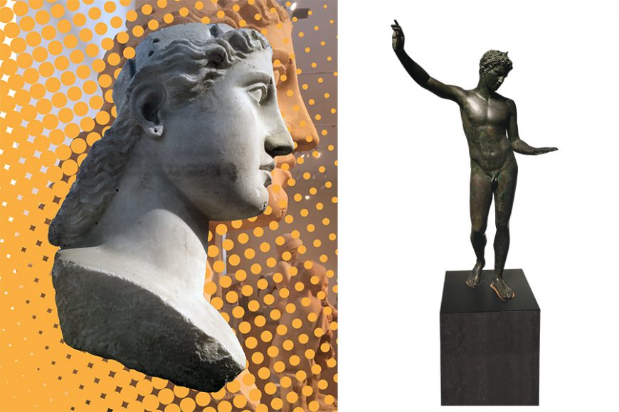 Two views of beauty – a marble female head and a bronze youth – from the National Archaeological Museum in Athens, the largest collection of Greek antiquities in the world.