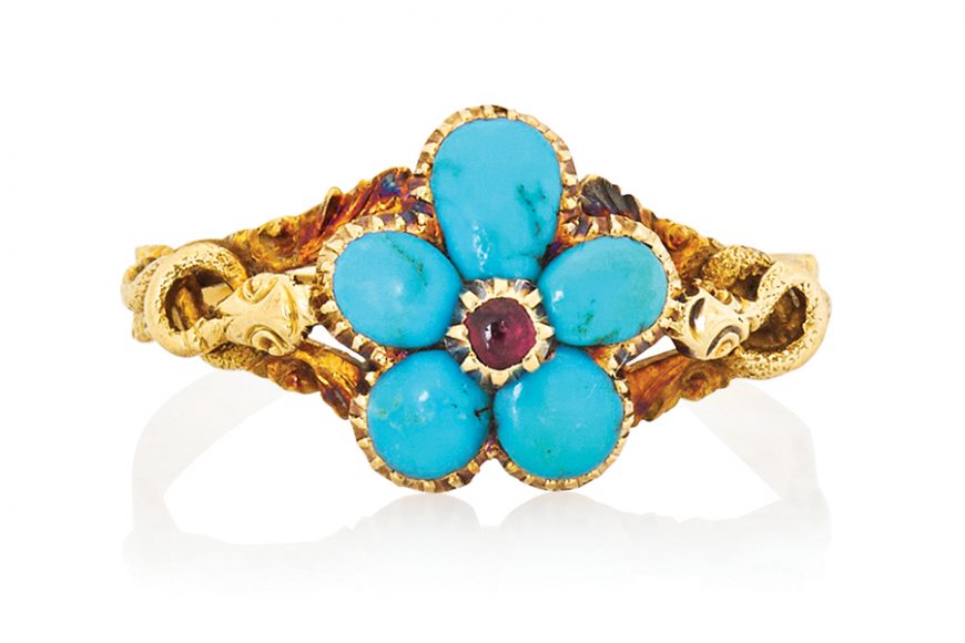 Victorian turquoise and gold forget-me-not and serpent ring, symbolizing faithfulness and eternal love, sold for $813. Courtesy Rago Auctions.