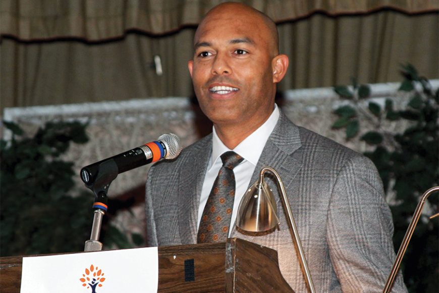 Mariano Rivera accepting an award for the Mariano Rivera Foundation from Latino U College Access at the C.V. Rich Mansion in White Plains. Photograph by Mike Dardano/Buzz Potential.