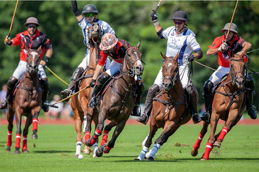 The victorious Postage Stamp team (in red) defeated Mt. Brilliant for the USPA Monty Waterbury Cup June 30 at Greenwich Polo Club. 